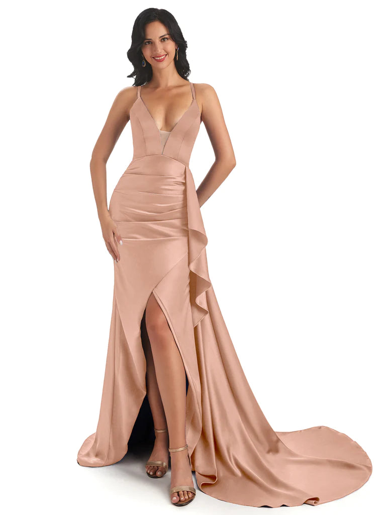 Sexy Spaghetti Straps Soft Satin Side Slit Pleats Chapel Train Mermaid Bridesmaid Dresses In Stock