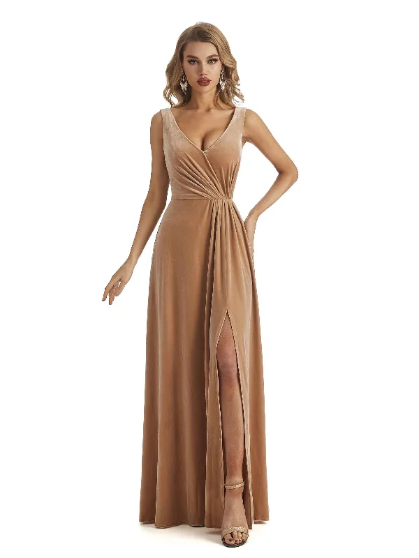 Elegant Velvet V-neck Unique Long Bridesmaid Dresses Online