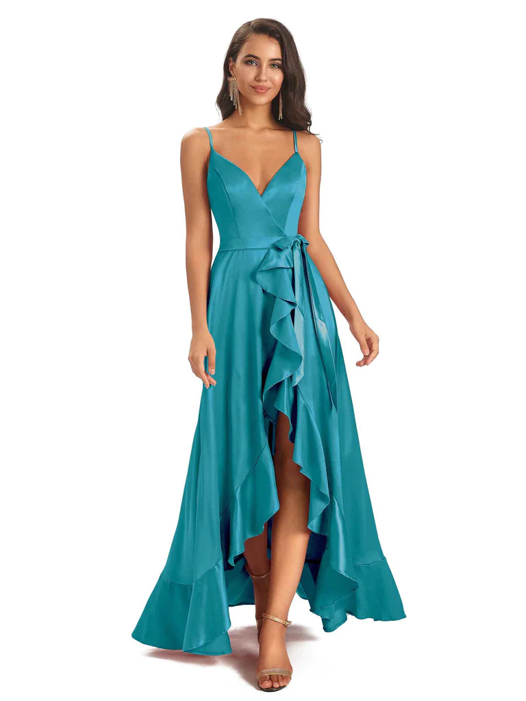 Spaghetti Straps Asymetric A-Line Soft Satin Wrap V-Neck Floor-Length Bridesmaid Dresses In Stock