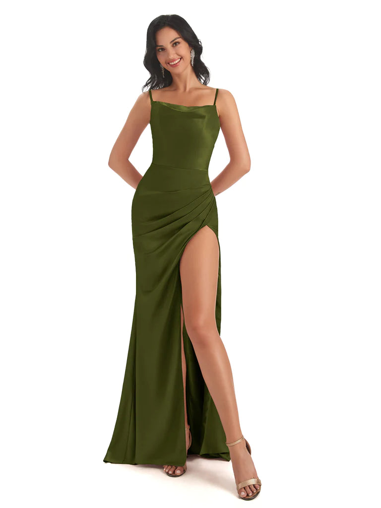 Spaghetti Straps Soft Satin Mermaid Side Slit Bridesmaid Dresses In Stock