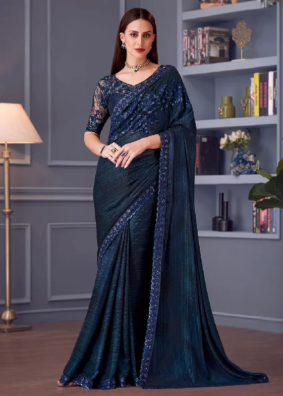 Wedding Festive Style Blue Embroidered Designer Saree