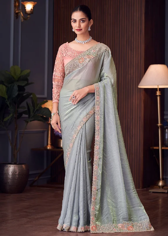 Wedding Festive Style Bluish Grey Embroidered Designer Saree