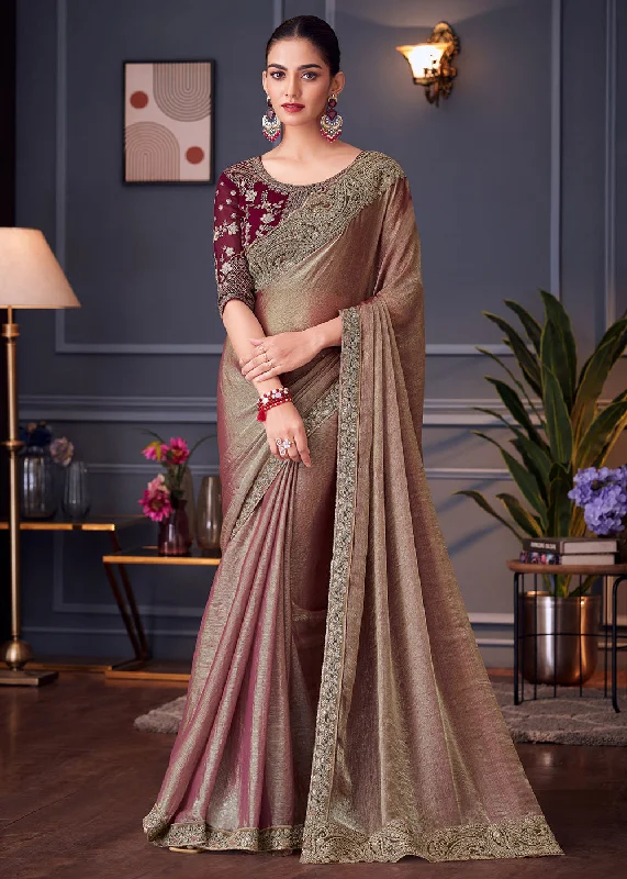 Wedding Festive Style Brown Embroidered Designer Saree