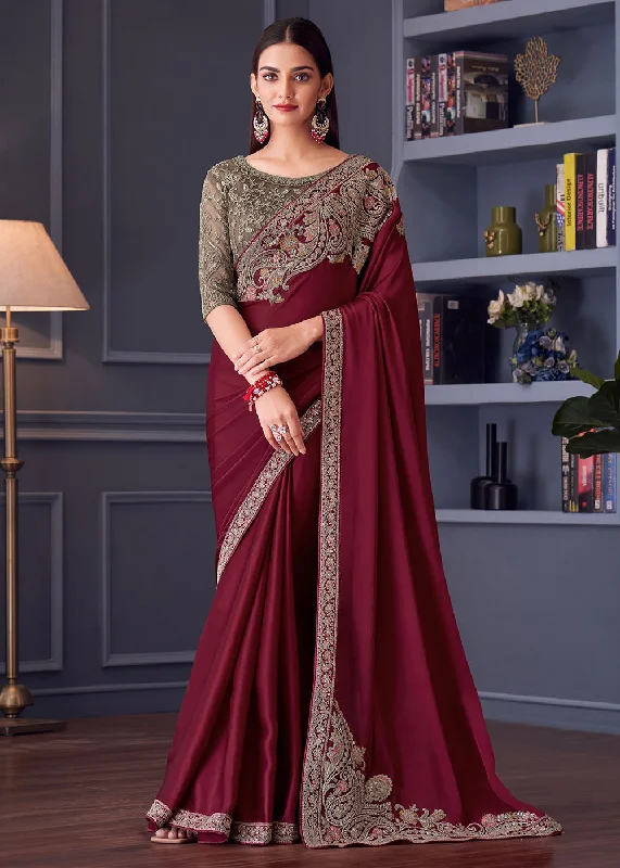 Wedding Festive Style Maroon Embroidered Designer Saree