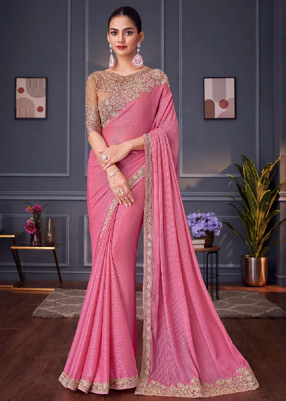 Wedding Festive Style Pink Embroidered Designer Saree