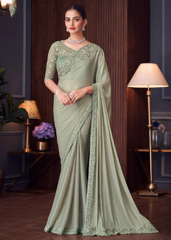 Wedding Festive Style Pista Green Embroidered Designer Saree