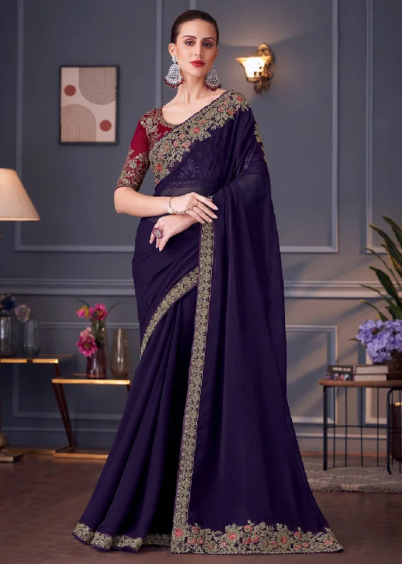 Wedding Festive Style Purple Embroidered Designer Saree