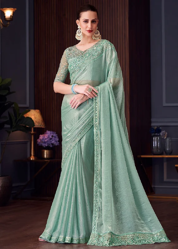 Wedding Festive Style Sea Green Embroidered Designer Saree