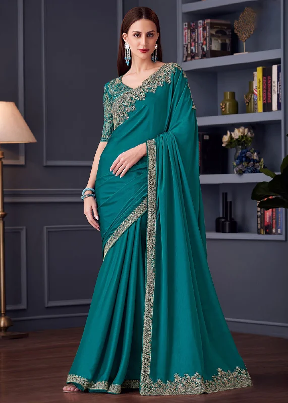 Wedding Festive Style Sea Green Embroidered Designer Saree