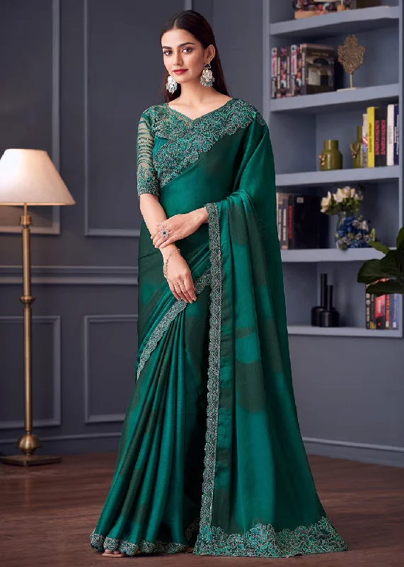 Wedding Festive Style Teal Green Embroidered Designer Saree