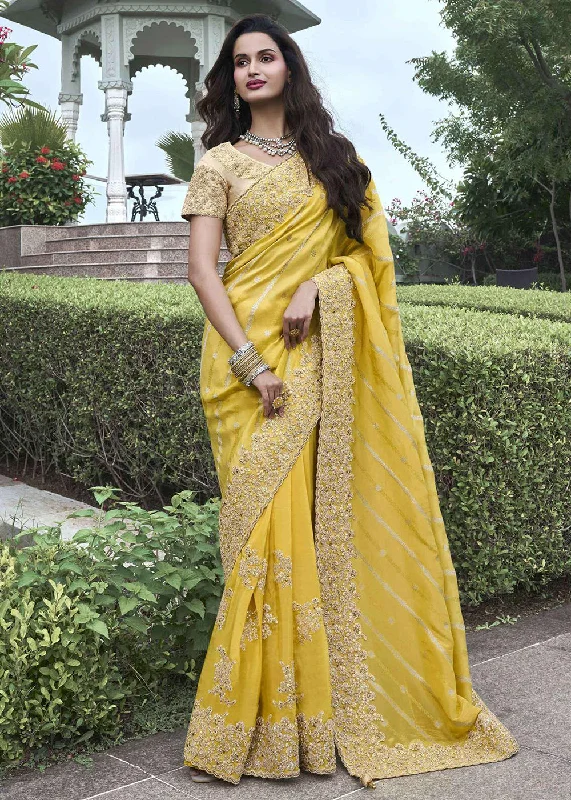 Yellow Viscose Silk Embroidered Designer Wedding Saree