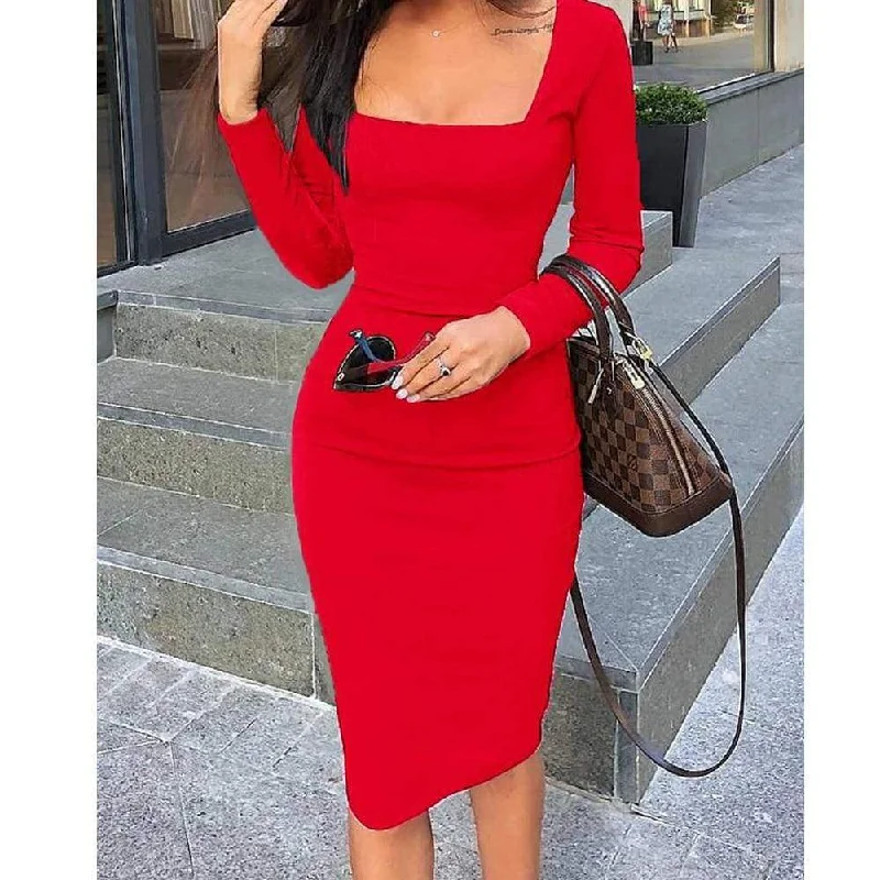 FashionSierra - Elegant Women Autumn Bandage Bodycon Knee-length Dress