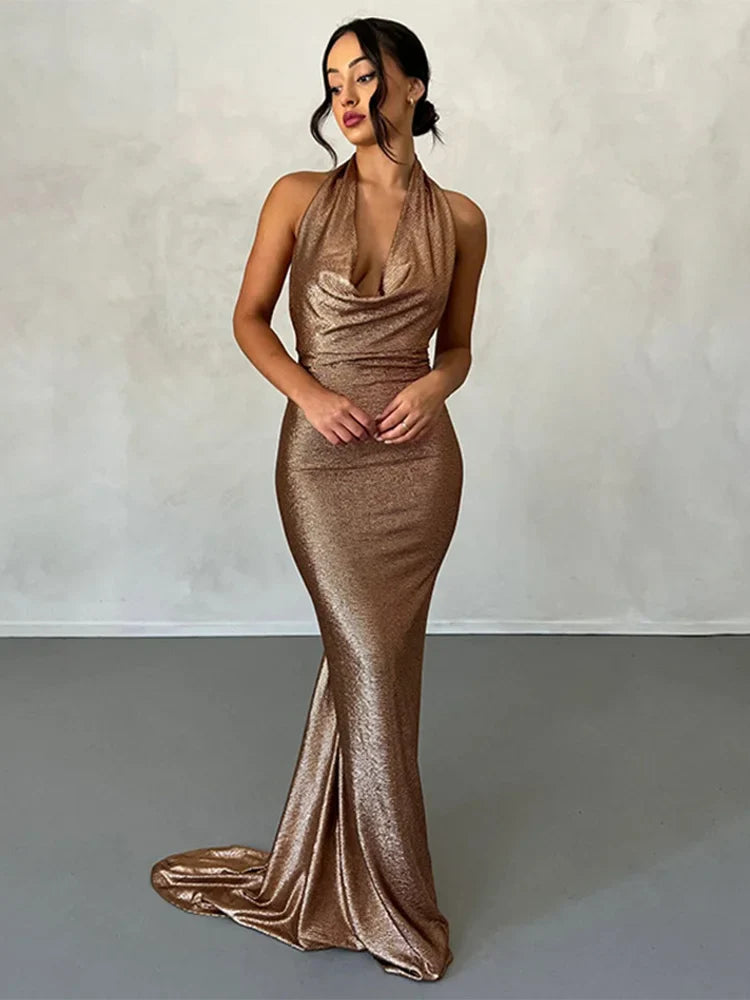 Temperament Bodycon Elegant Mermaid Sexy Party Halter Backless Long Maxi Dress