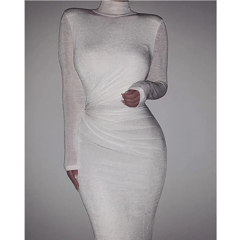 FashionSierra - Women Long Sleeve Solid High Neck Bodycon Dress high waist slim ankle length sheath OL work dress